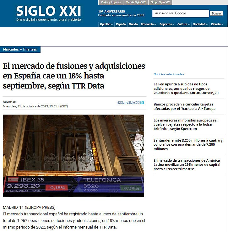 El mercado de fusiones y adquisiciones en Espaa cae un 18% hasta septiembre, segn TTR Data
